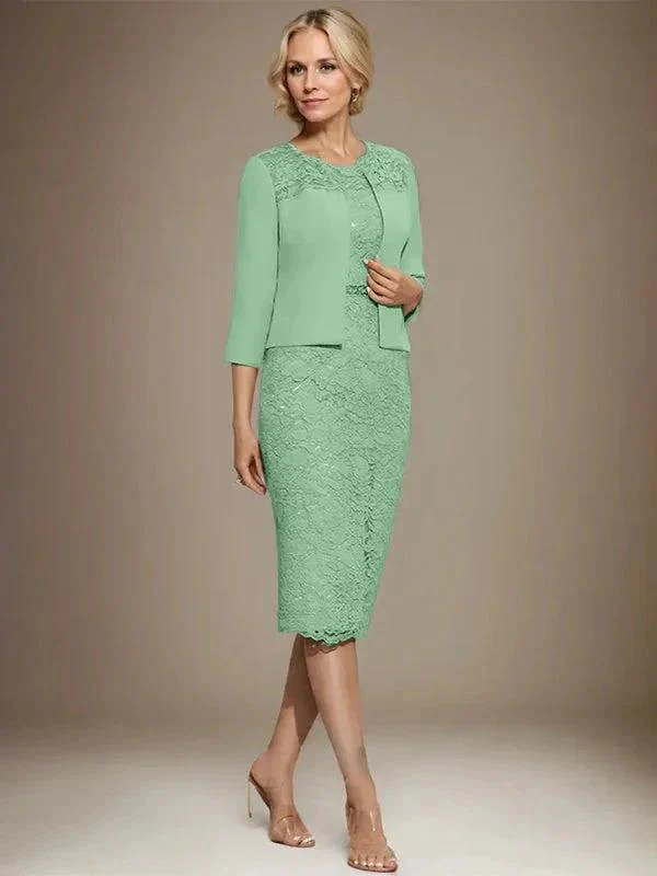Sheath/Column Scoop Knee-Length Chiffon Lace Mother of the Bride Dress With Beading - Image 41