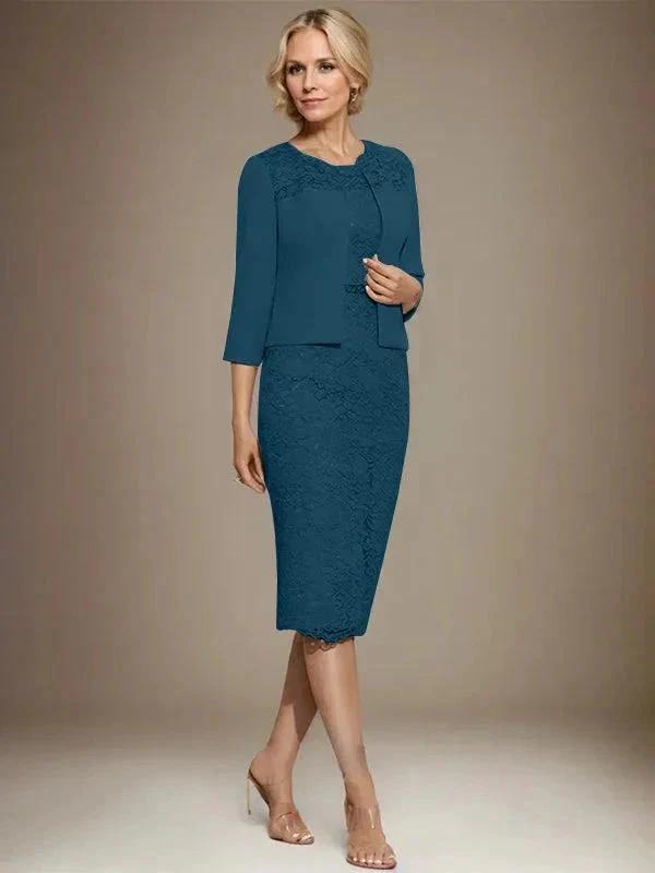 Sheath/Column Scoop Knee-Length Chiffon Lace Mother of the Bride Dress With Beading - Image 42