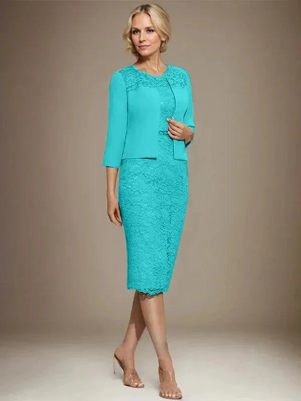 Sheath/Column Scoop Knee-Length Chiffon Lace Mother of the Bride Dress With Beading - Image 43
