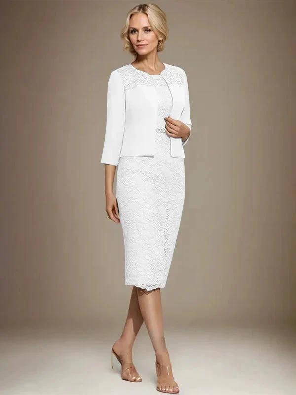 Sheath/Column Scoop Knee-Length Chiffon Lace Mother of the Bride Dress With Beading - Image 44