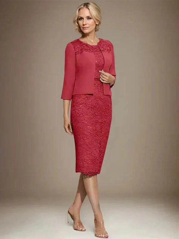 Sheath/Column Scoop Knee-Length Chiffon Lace Mother of the Bride Dress With Beading - Image 45