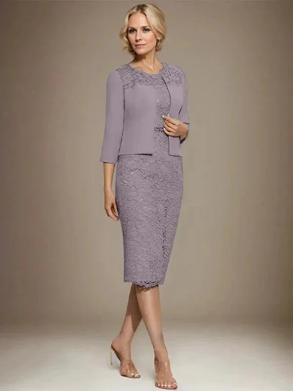 Sheath/Column Scoop Knee-Length Chiffon Lace Mother of the Bride Dress With Beading - Image 46