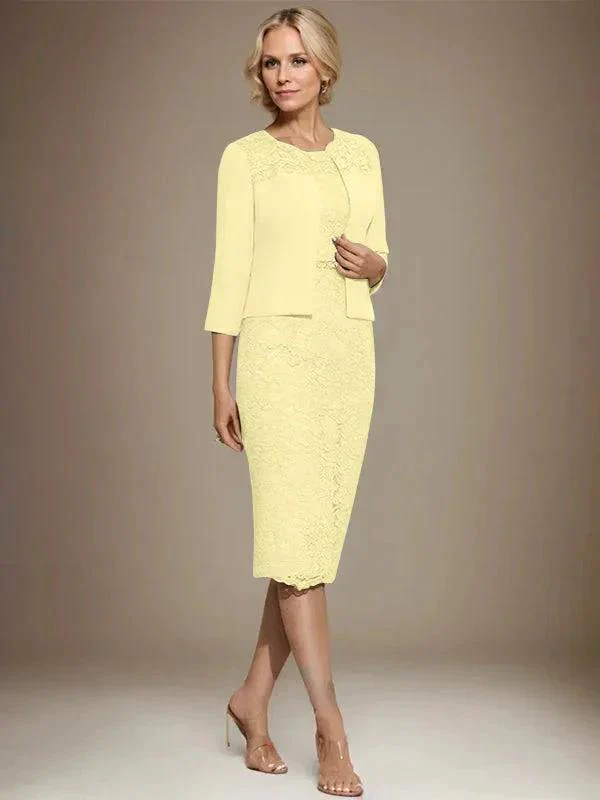 Sheath/Column Scoop Knee-Length Chiffon Lace Mother of the Bride Dress With Beading - Image 47