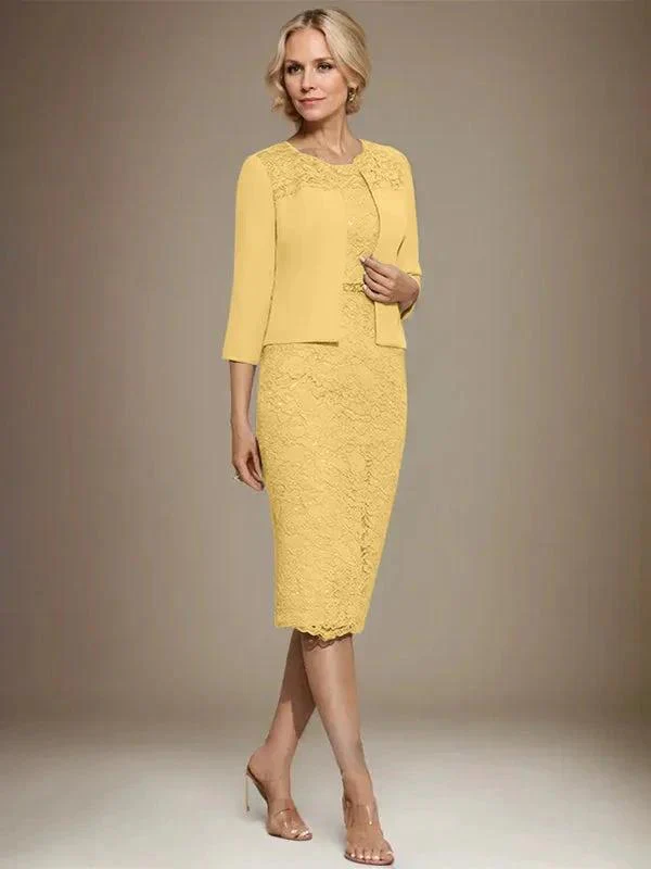Sheath/Column Scoop Knee-Length Chiffon Lace Mother of the Bride Dress With Beading - Image 48