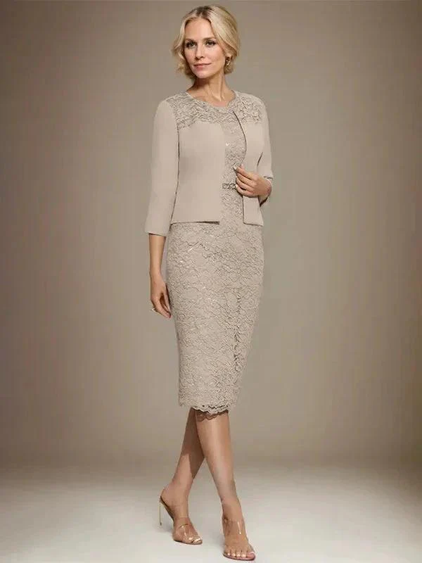 Sheath/Column Scoop Knee-Length Chiffon Lace Mother of the Bride Dress With Beading - Image 49