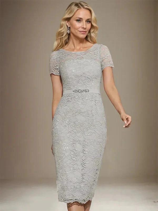 Sheath/Column Scoop Knee-Length Chiffon Lace Mother of the Bride Dress With Beading - Image 6