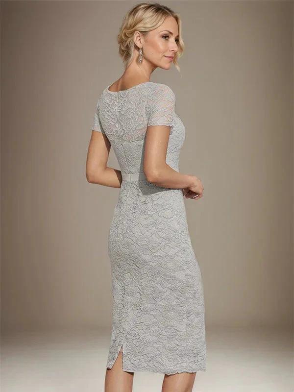 Sheath/Column Scoop Knee-Length Chiffon Lace Mother of the Bride Dress With Beading - Image 7