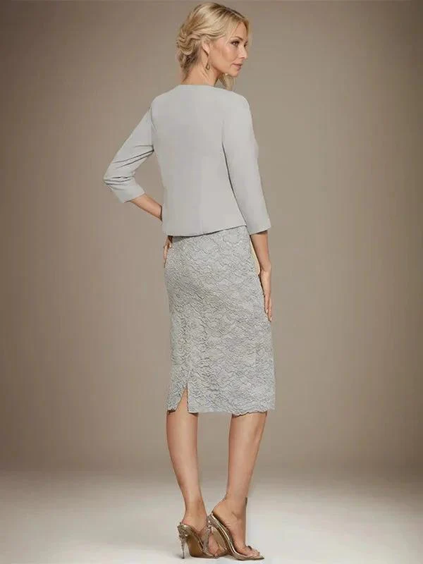 Sheath/Column Scoop Knee-Length Chiffon Lace Mother of the Bride Dress With Beading - Image 8