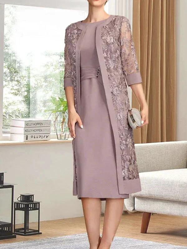 Sheath/Column Scoop Knee-Length Chiffon Mother of the Bride Dress With Pleated Sequins - Image 3
