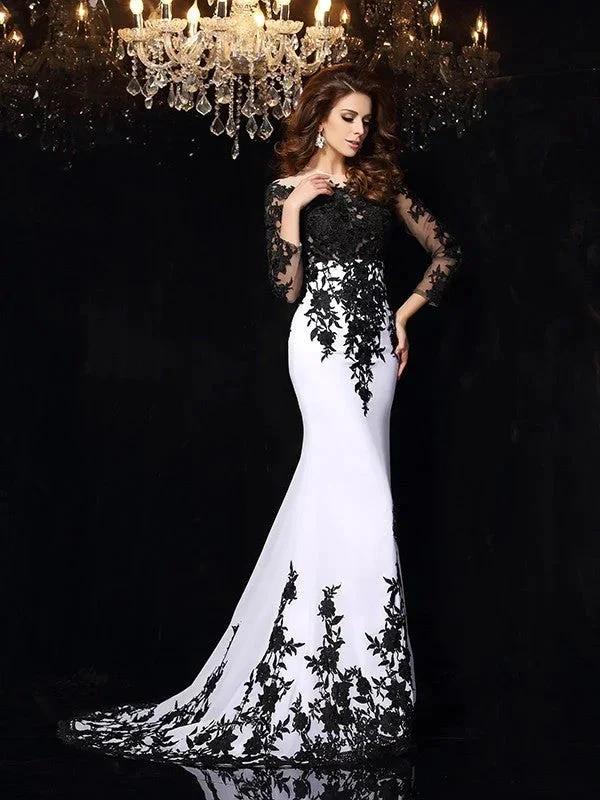 Sheath/Column Scoop Lace Long Sleeves Long Chiffon Prom Dresses - Image 5