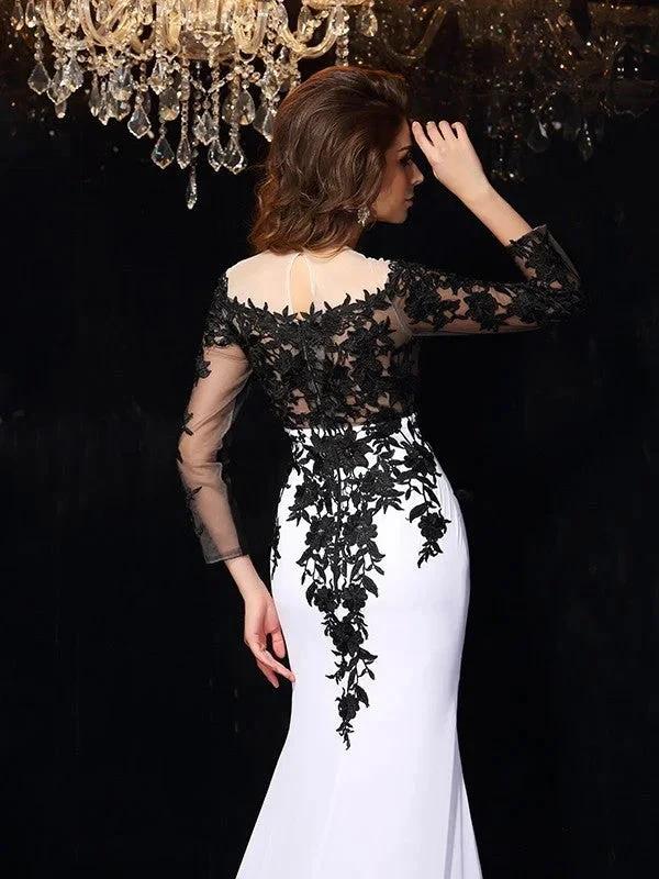 Sheath/Column Scoop Lace Long Sleeves Long Chiffon Prom Dresses - Image 7