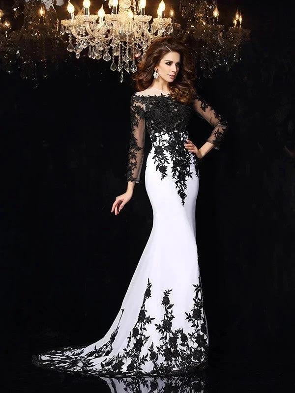 Sheath/Column Scoop Lace Long Sleeves Long Chiffon Prom Dresses - Image 8