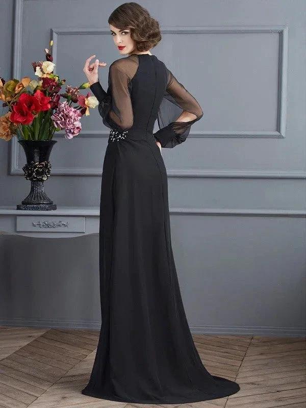 Sheath/Column Scoop Long Sleeves Beading Long Chiffon Prom Dresses - Image 2