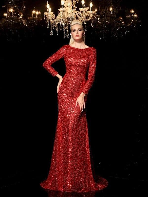 Sheath/Column Scoop Sequin Long Sleeves Long Sequins Prom Dresses - Image 3