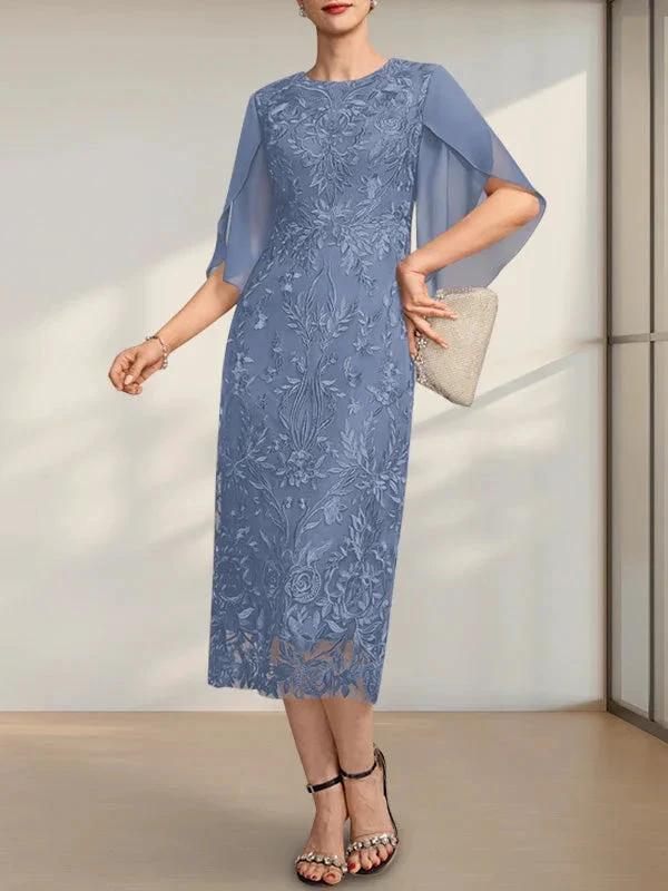 Sheath/Column Scoop Tea-Length Lace Chiffon Mother of the Bride Dress - Image 11