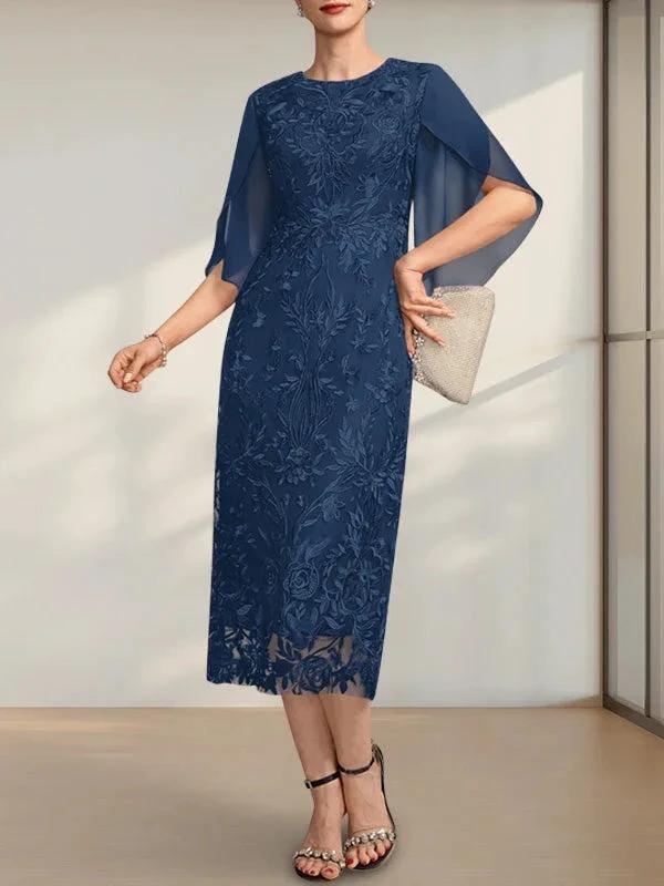 Sheath/Column Scoop Tea-Length Lace Chiffon Mother of the Bride Dress - Image 12