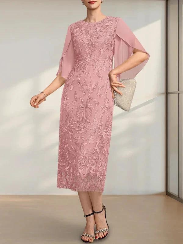 Sheath/Column Scoop Tea-Length Lace Chiffon Mother of the Bride Dress - Image 13