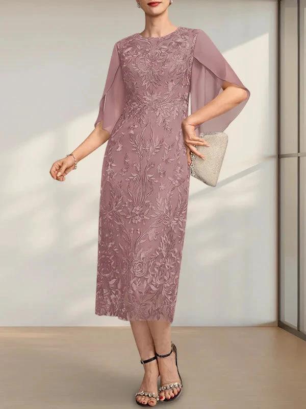 Sheath/Column Scoop Tea-Length Lace Chiffon Mother of the Bride Dress - Image 14