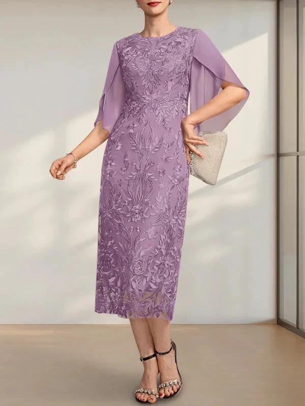 Sheath/Column Scoop Tea-Length Lace Chiffon Mother of the Bride Dress - Image 15