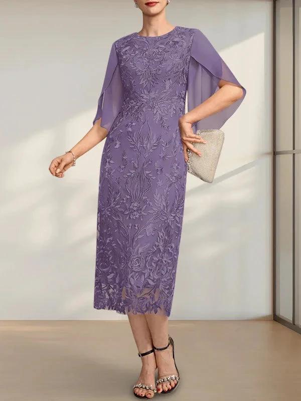 Sheath/Column Scoop Tea-Length Lace Chiffon Mother of the Bride Dress - Image 16