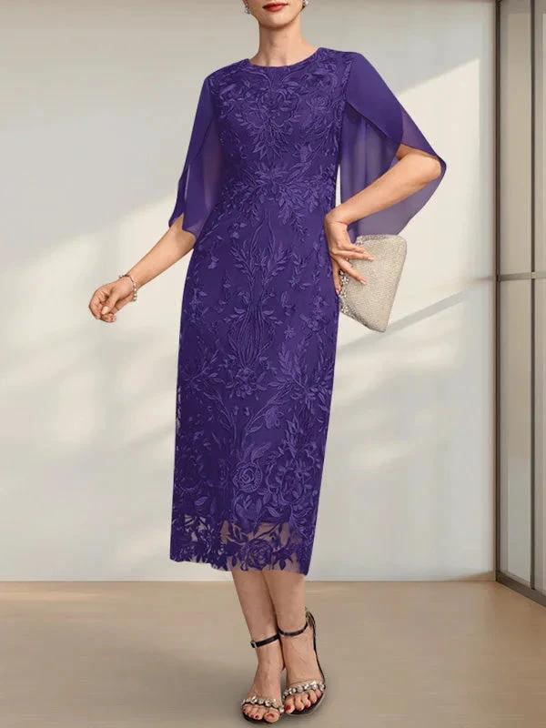 Sheath/Column Scoop Tea-Length Lace Chiffon Mother of the Bride Dress - Image 17