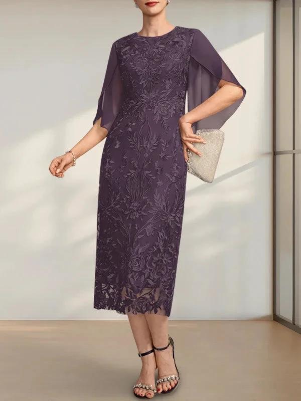 Sheath/Column Scoop Tea-Length Lace Chiffon Mother of the Bride Dress - Image 18