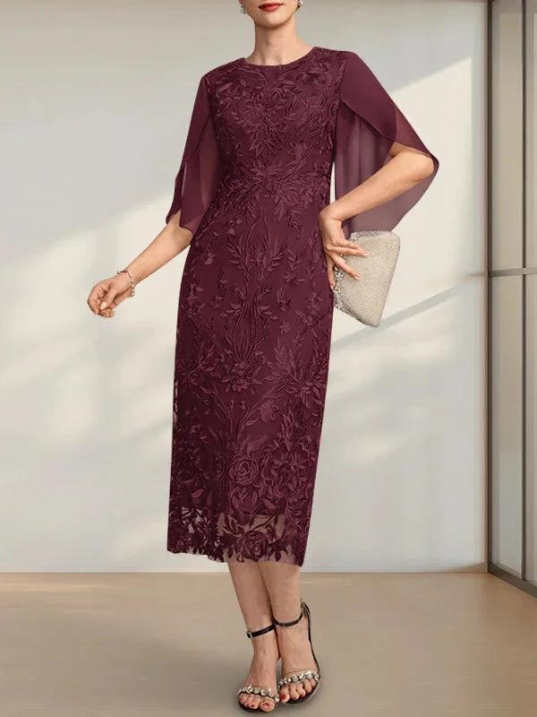Sheath/Column Scoop Tea-Length Lace Chiffon Mother of the Bride Dress - Image 19