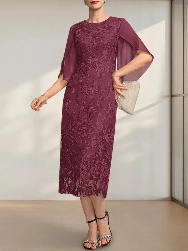 Sheath/Column Scoop Tea-Length Lace Chiffon Mother of the Bride Dress - Image 20
