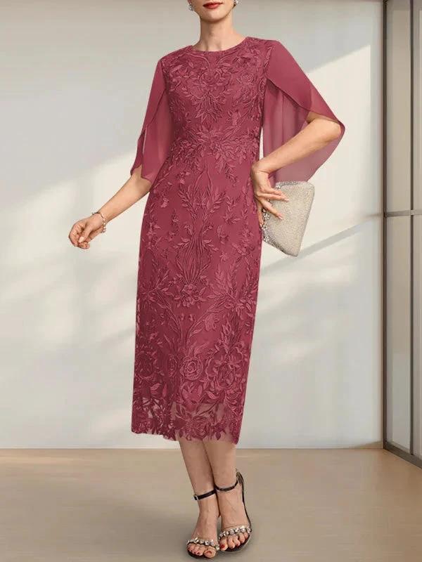 Sheath/Column Scoop Tea-Length Lace Chiffon Mother of the Bride Dress - Image 21