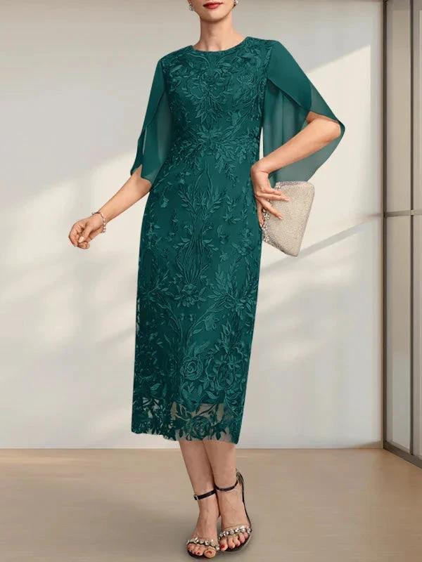 Sheath/Column Scoop Tea-Length Lace Chiffon Mother of the Bride Dress - Image 22