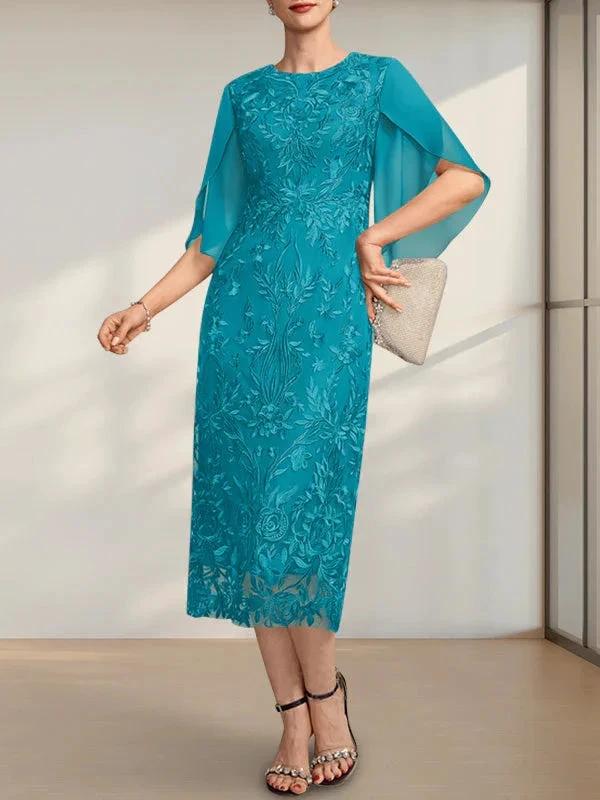 Sheath/Column Scoop Tea-Length Lace Chiffon Mother of the Bride Dress - Image 23