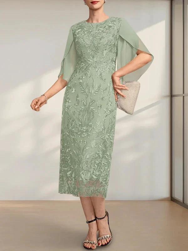 Sheath/Column Scoop Tea-Length Lace Chiffon Mother of the Bride Dress - Image 24