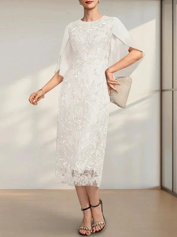 Sheath/Column Scoop Tea-Length Lace Chiffon Mother of the Bride Dress - Image 25