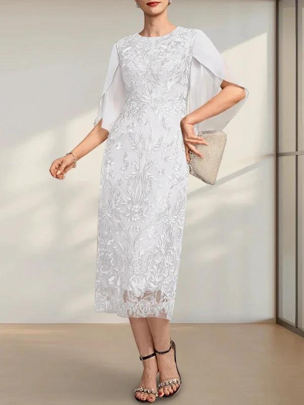 Sheath/Column Scoop Tea-Length Lace Chiffon Mother of the Bride Dress - Image 26