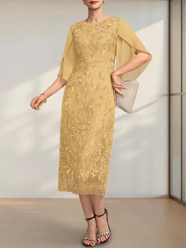 Sheath/Column Scoop Tea-Length Lace Chiffon Mother of the Bride Dress - Image 27