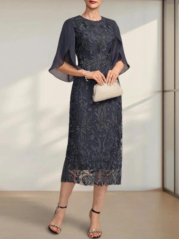 Sheath/Column Scoop Tea-Length Lace Chiffon Mother of the Bride Dress - Image 29