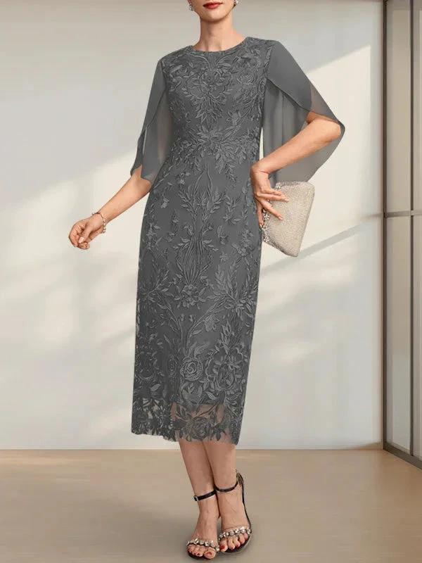 Sheath/Column Scoop Tea-Length Lace Chiffon Mother of the Bride Dress - Image 3