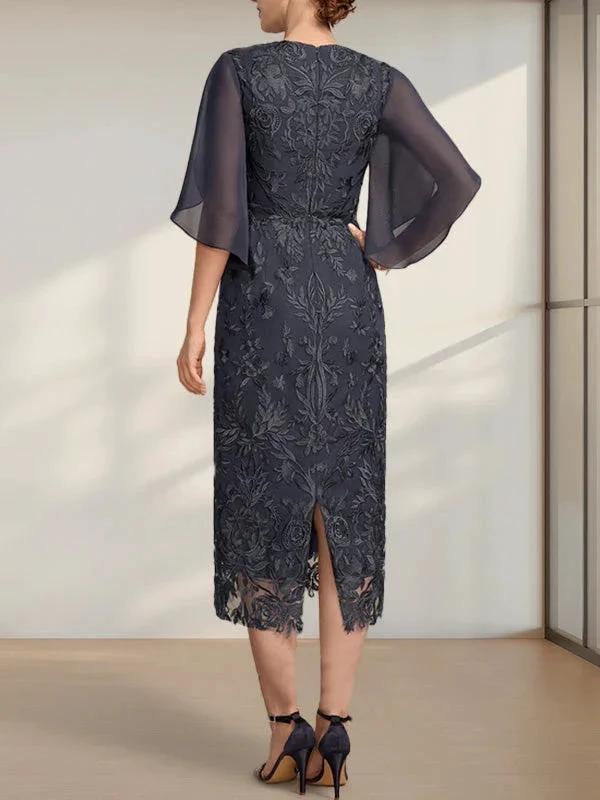 Sheath/Column Scoop Tea-Length Lace Chiffon Mother of the Bride Dress - Image 30