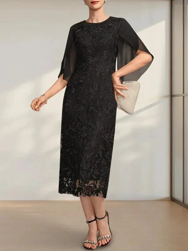 Sheath/Column Scoop Tea-Length Lace Chiffon Mother of the Bride Dress - Image 4