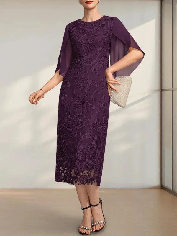Sheath/Column Scoop Tea-Length Lace Chiffon Mother of the Bride Dress - Image 5
