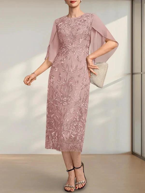 Sheath/Column Scoop Tea-Length Lace Chiffon Mother of the Bride Dress - Image 6