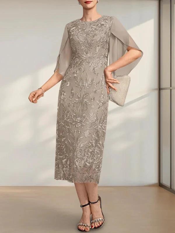 Sheath/Column Scoop Tea-Length Lace Chiffon Mother of the Bride Dress - Image 8