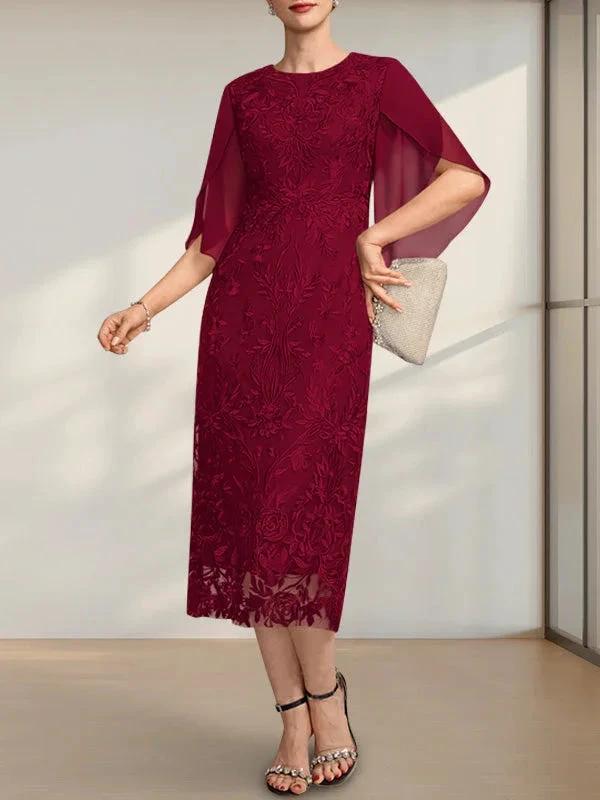 Sheath/Column Scoop Tea-Length Lace Chiffon Mother of the Bride Dress - Image 9