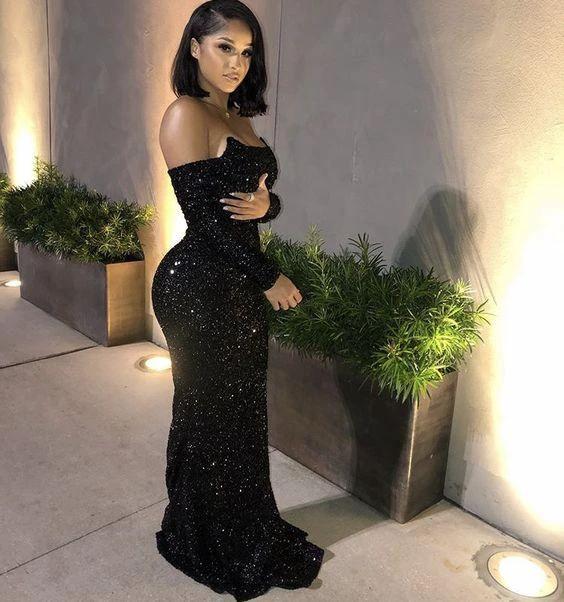 Sheath/Column Sequins Off-the-Shoulder Long Sleeves Black Evening Dress Y1782 - Image 2