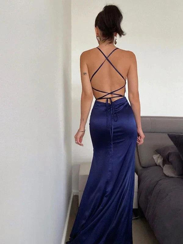 Sheath/Column Silk like Satin Ruched Sleeveless Halter Prom Dresses - Image 3