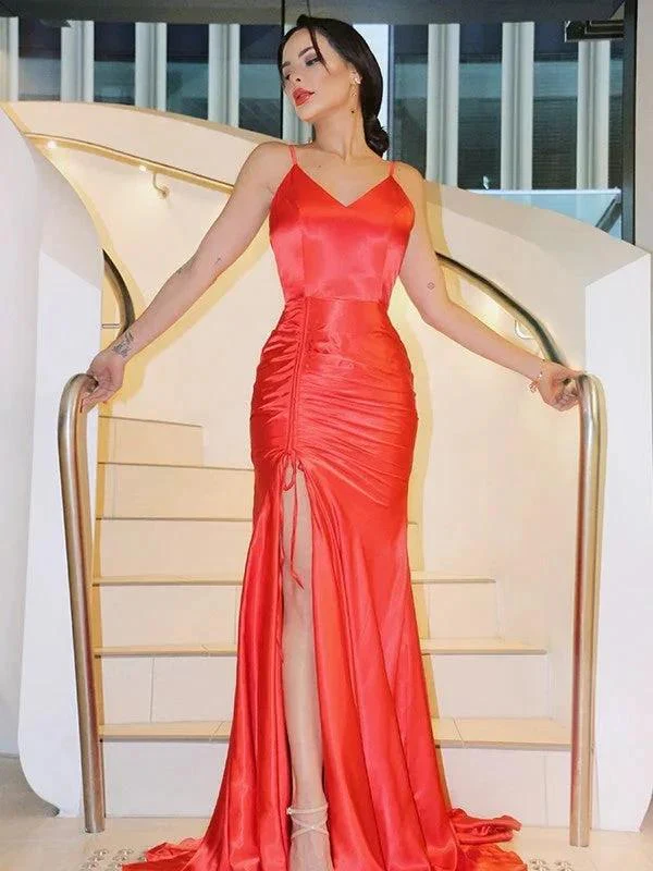 Sheath/Column Silk like Satin Spaghetti Straps Ruched Sleeveless Prom Dresses - Image 2