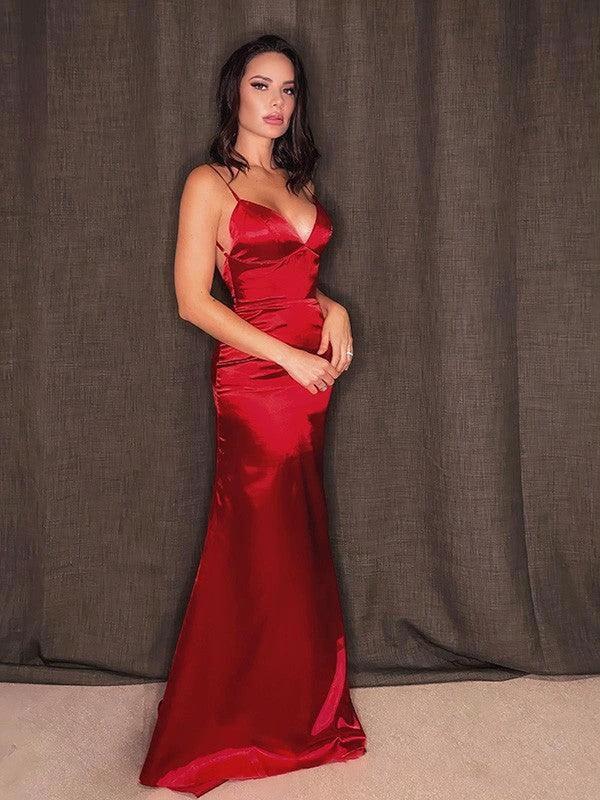 Sheath/Column Silk like Satin Spaghetti Straps Ruffles Sleeveless Prom Dresses - Image 5