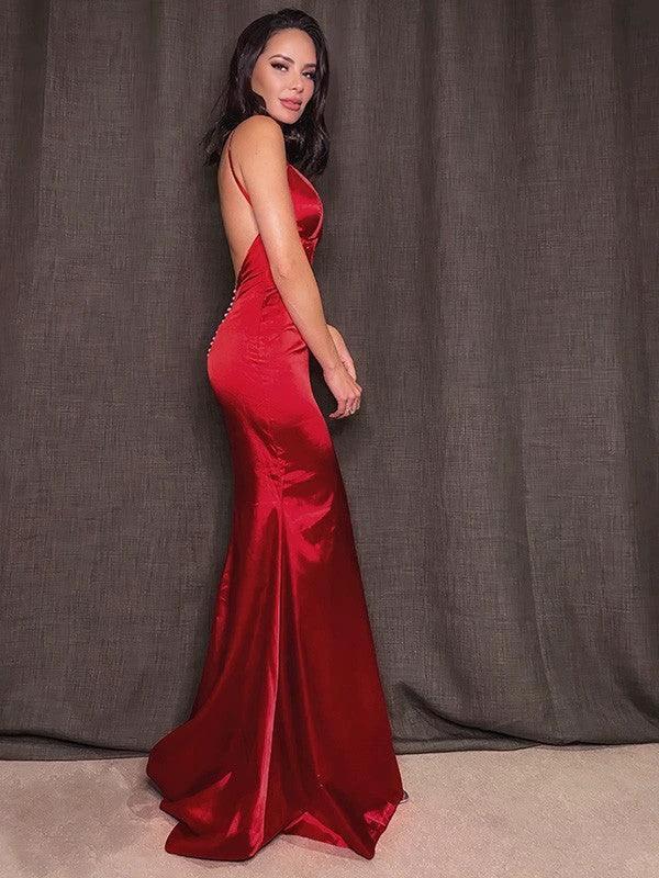 Sheath/Column Silk like Satin Spaghetti Straps Ruffles Sleeveless Prom Dresses - Image 6