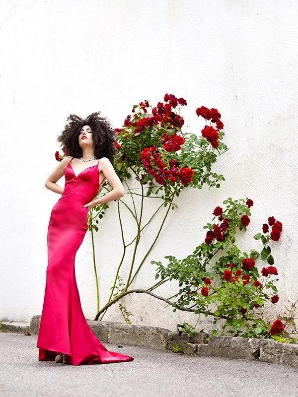 Sheath/Column Silk like Satin V-neck Sleeveless Ruffles Prom Dresses - Image 2