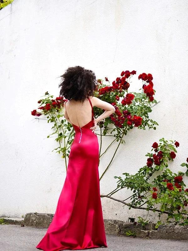 Sheath/Column Silk like Satin V-neck Sleeveless Ruffles Prom Dresses - Image 3